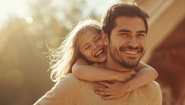 Father carrying daughter on sunny day in warm back yard