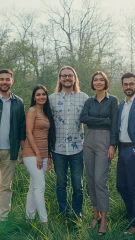 Vertical video capturing diverse team standing in grassy meadow, smiling and collaborating
