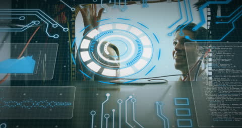 Man Engaging with Computer Cables and Digital Interface Concept