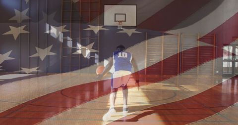 Basketball Player Inspirational Scene with American Flag Overlay