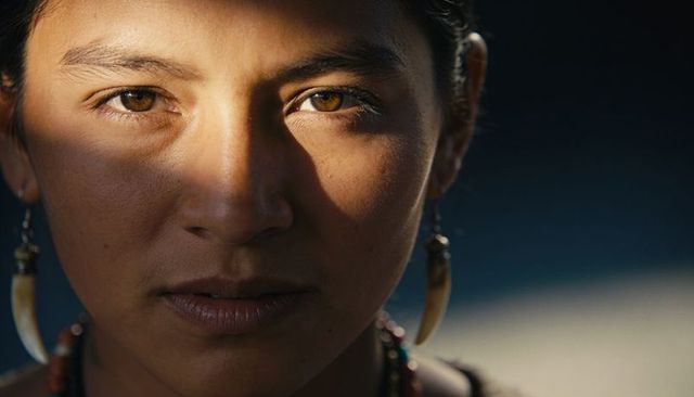 Gazing woman catching sunbeam across face with tusk earrings and beaded necklace closeup