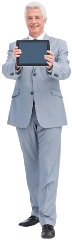 Smiling Senior Businessman Holding Transparent Tablet Screen