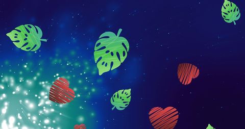 Vibrant falling leaves and hearts over glowing light spots