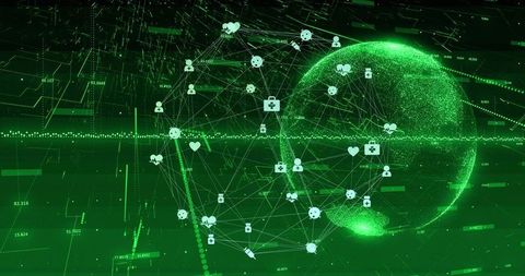 Visualizing global digital health network connecting data nodes on holographic particle globe