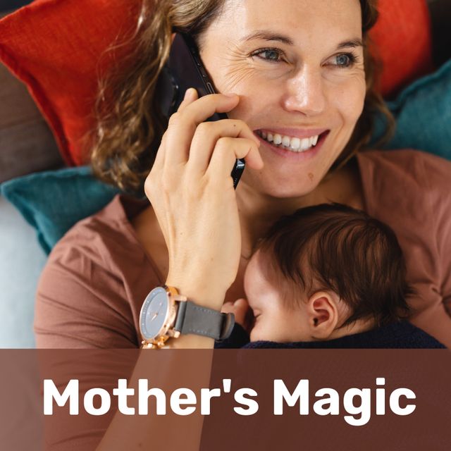 Young mother smiling while holding baby and talking on phone. Great for use in parenting, communication, technology, and family bonding contexts.