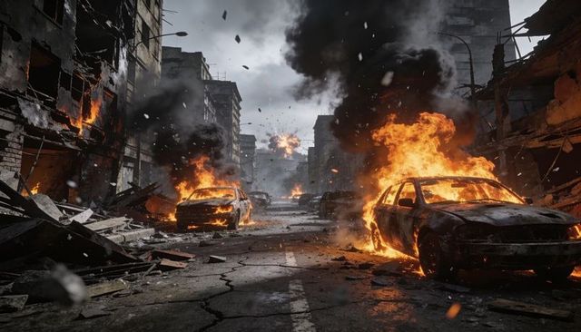 Urban battlefield with burning cars and collapsing buildings, chaotic smoke and debris