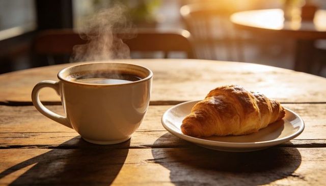 Steaming cup of coffee and buttery croissant sitting on sunlit rustic wood table, cozy morning