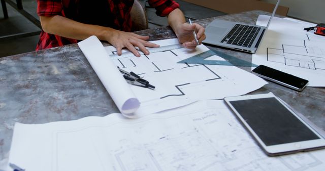 Architect Working on Blueprint Drafts with Digital Tools - Download Free Stock Images Pikwizard.com