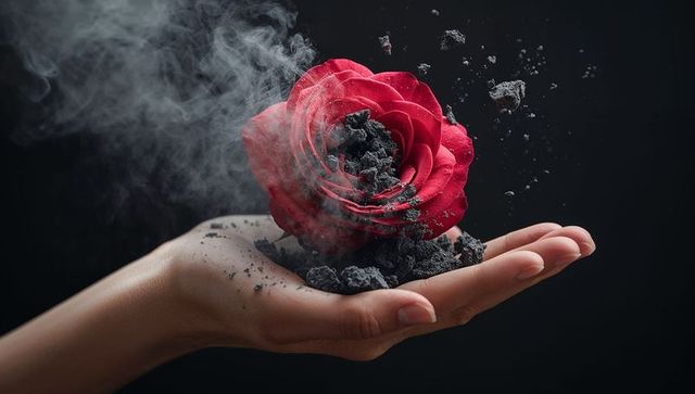 Hand holding red rose crumbling into charcoal ash and gray smoke