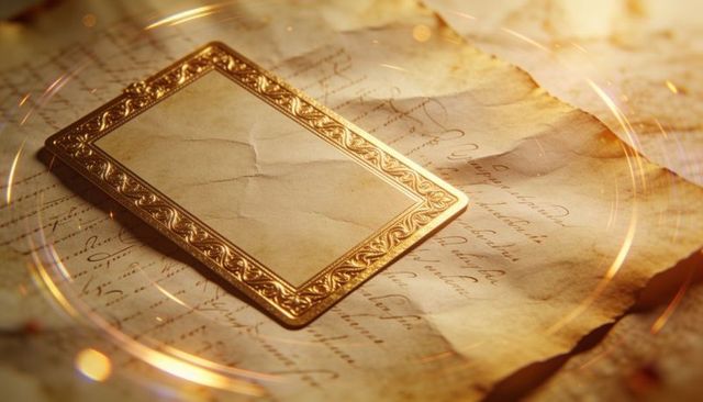Shining ornate gold embossed card resting on aged parchment with warm bokeh glow