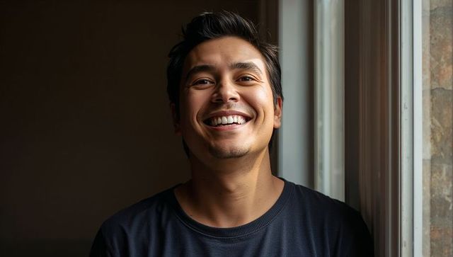 Warm natural-light closeup of young man smiling by window for lifestyle and portrait use