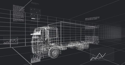 Visualizing Wireframe Heavy Truck and Chassis in 3D Grid with Floating Data Panels