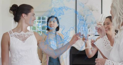 Bride Toasting with Friends in Bright Living Room with Blue Holographic Globe Overlay
