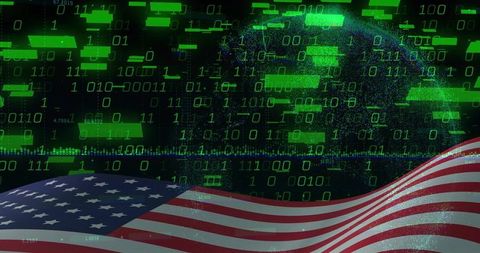 American Flag Waving Over Cyber Grid With Green Binary Data, Digital Globe and Signal