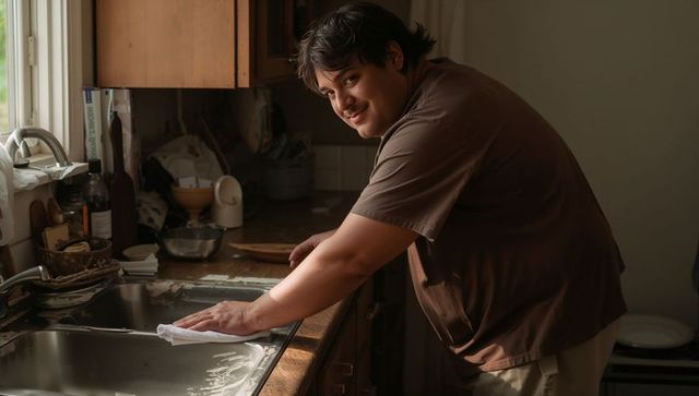 Smiling man wiping stainless sink with cloth in sunlit kitchen simple cleaning routine