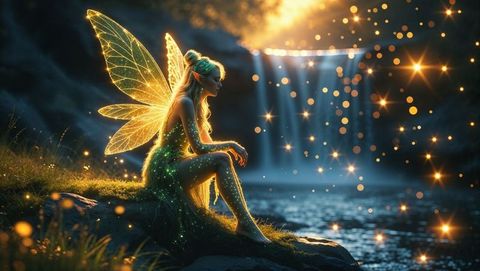 Mystical Fairy Sitting by Waterfall with Glowing Wings and Sparkles
