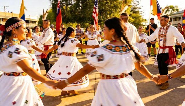 Dancing circle of folkloric dancers in white embroidered costumes at outdoor festival
