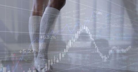 Women Exercising with Digital Financial Chart Overlay