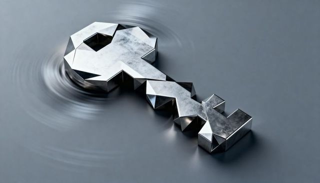 Faceted metallic key floating over smooth grey surface with ripples and reflective sheen