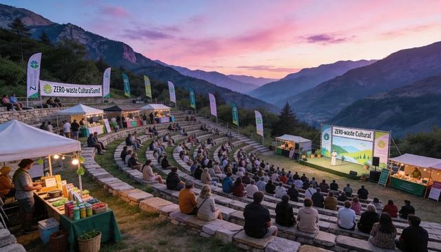 Zero-waste cultural summit in mountain amphitheater watching presenter at sunset