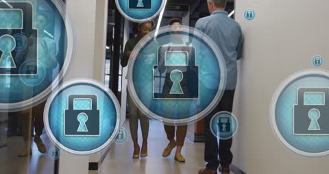 Office Discussion with Digital Security Interface Overlay