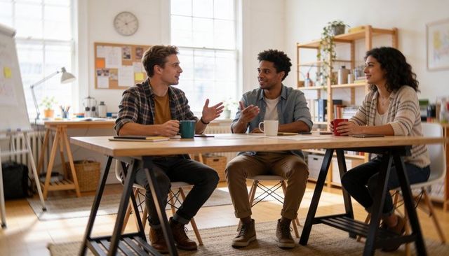 Team brainstorming at casual co-working table over coffee in bright office workspace