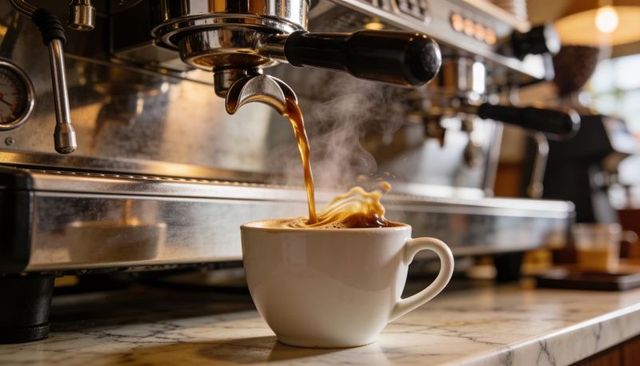 Espresso pouring from commercial machine into ceramic cup with rising crema and steam