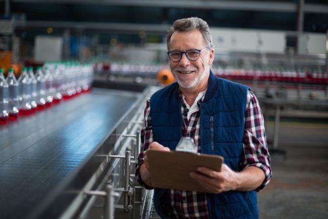 Portrait of smiling factory worker standing with a clipboard in drinks production plant