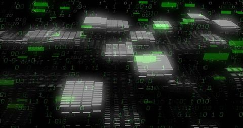 Glowing Microchip Grid Pulsing with Cascading Green Binary for Cyber Data Concept
