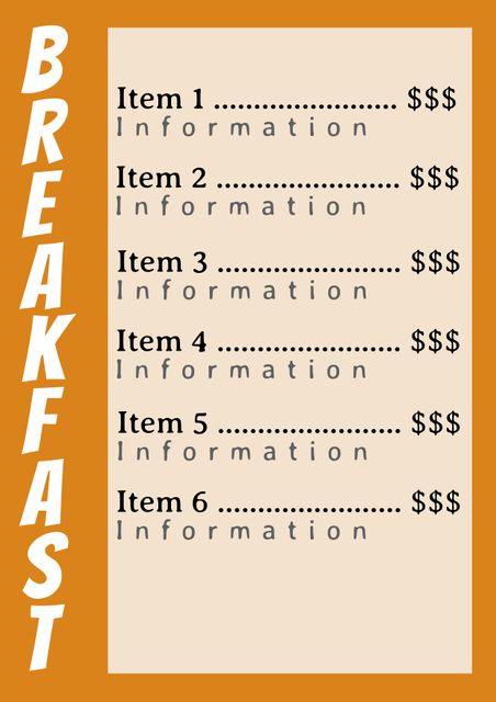 This minimalist breakfast menu template features a cozy and inviting design with clearly displayed items and pricing. Ideal for cafes, restaurants, catering services, and event planners looking to create a simple yet effective menu presentation.