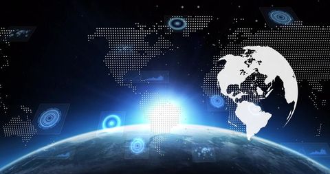 Global data network visualizing earth horizon with hud panels and digital americas globe