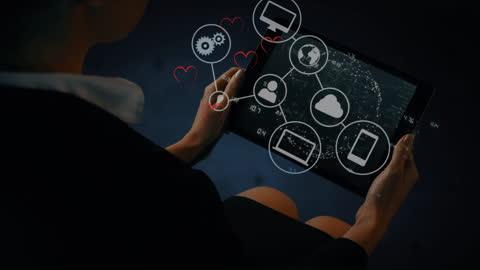 Visual showcases convergence of technology with human interaction as a woman uses a tablet surrounded by digital icons representing cloud computing, global networking, and connectivity. Ideal for illustrating technological innovation, digital workflows, modern business practices, or multimedia presentations focused on future tech trends.
