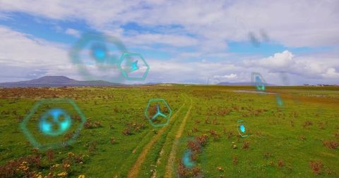 Eco-friendly landscape with futuristic energy icons