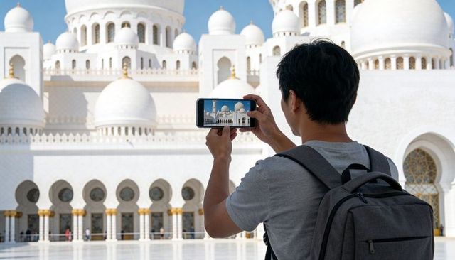 Asian traveler capturing white domed mosque with smartphone in sunlit marble courtyard