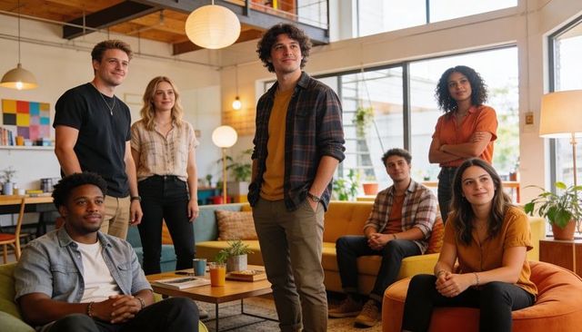 Diverse startup team posing in modern lounge with yellow sofa, collaborating in creative hub