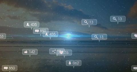 Floating social media notification bubbles over calm seascape at dusk with glowing horizon