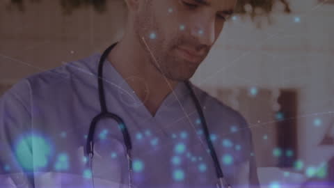 Doctor Reflecting Amidst Digital Connections Overlay