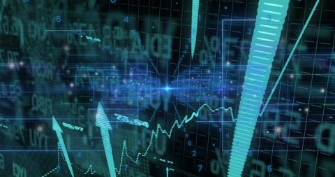 3D Data Tunnel with Glowing Convergence, Rising Arrows and Jagged Financial Analytics