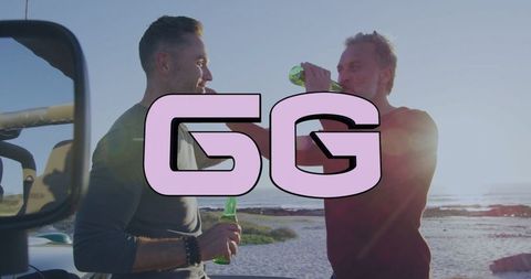 Friends Enjoying Drinks at Beach with Car and Sunset View