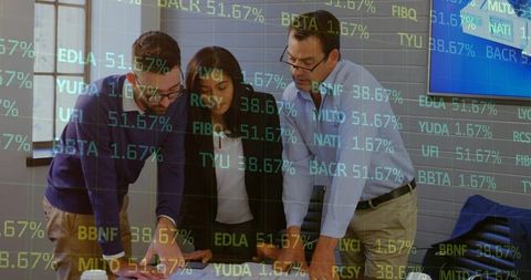 Business Professionals Analyzing Reports with Data Overlay