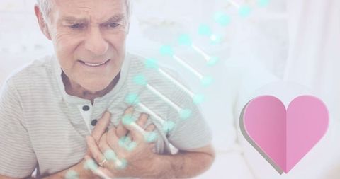 Senior man experiencing chest pain with heart and dna overlay
