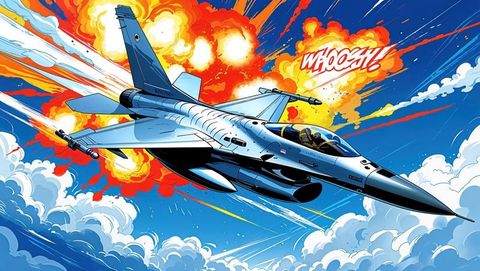 F16 fighter jet executed daring turn through high altitude sky filled with dynamic explosion clouds and distinct contrails, showcasing speed and power. Energy and excitement make it ideal for marketing materials showcasing sporting events, video games covers, movie posters, or educational material in aerospace and aviation industry. May evoke emotions appealing to adrenaline enthusiasts and aeronautics lovers.