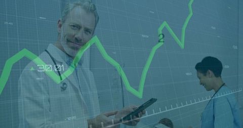 Doctor analyzing data with digital growth chart overlay