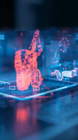 Projecting holographic wireframe rising from tablet with rotating wheel spokes vertical video