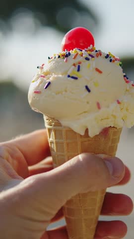 Hand Holding Melting Vanilla Cone with Rainbow Sprinkles and Red Cherry | Vertical Video