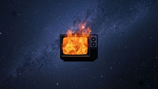 Vintage crt television ablaze in starry space scene