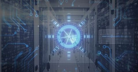 Holographic HUD Hovering Over Data Center Corridor Highlighting Server Rack Diagnostics