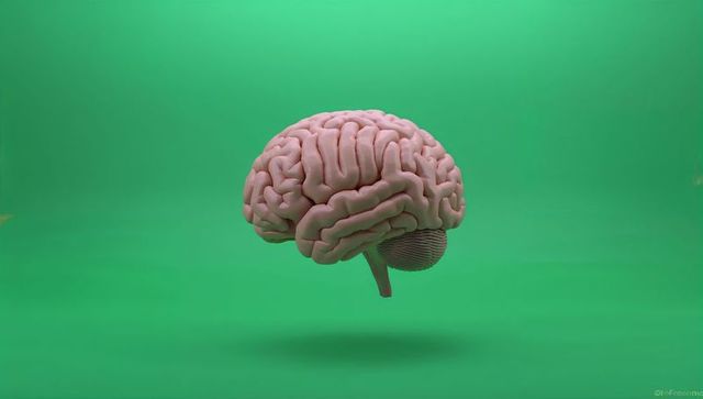 Floating human brain on green backdrop conveying neuroscience concept and AI visualization