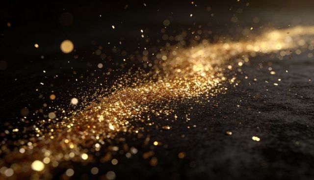 Shimmering gold glitter trail on dark surface with sparkling bokeh highlights