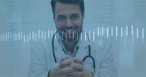 Smiling male doctor in white coat with waveform overlay for telehealth and healthcare data